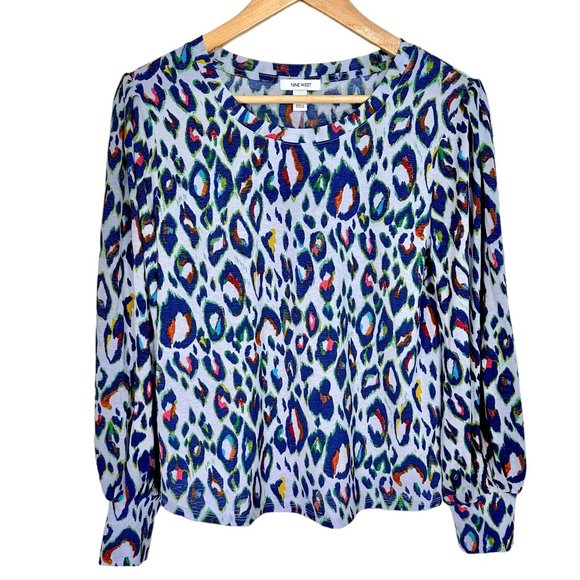 Nine West Cheetah Blouse Multicolor Blue Women's Small Winter 2019 - Picture 2 of 11